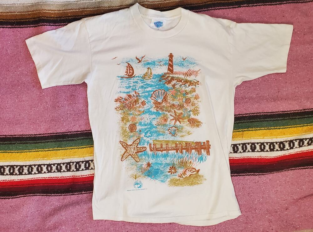 Vintage Sunset Beach Shells Glitter Art USA Single Stitch Shirt L